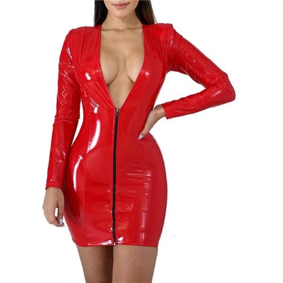Dresses & Skirts - Women's Sexy Deep V Neck Faux Leather Club Dress Long Sleeve Wet Look Bodycon